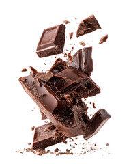 Flying dark chocolate chunks and crumbs on a black background