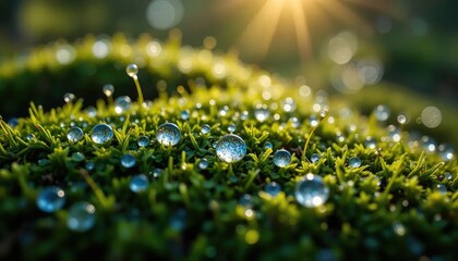 Nature's Sparkle Dew-Kissed Moss Glistening in Sunlight