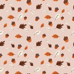 A charming seamless autumn pattern featuring hand-drawn oak leaves, acorns, and delicate botanical elements arranged on a soft pink background. 
