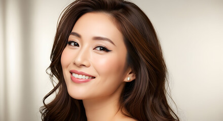 Obraz premium Smiling Japanese woman with long brown wavy hair and natural makeup in soft light studio portrait 66650360 1