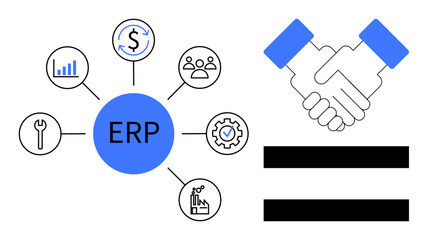 ERP system diagram with interconnected icons thumbs up graph, users, tools, and automation. Includes handshake as a symbol of collaboration. Ideal for teamwork, productivity, planning, connectivity