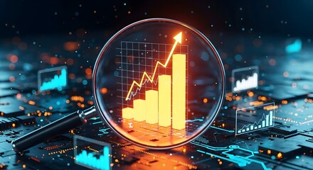 Magnifying glass focuses on rising stock market graph and circuit board