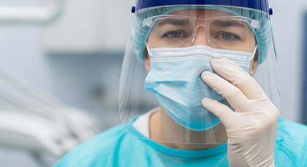 Medical professional in full PPE adjusts surgical mask and face shield, ensuring safety in a clinical setting.