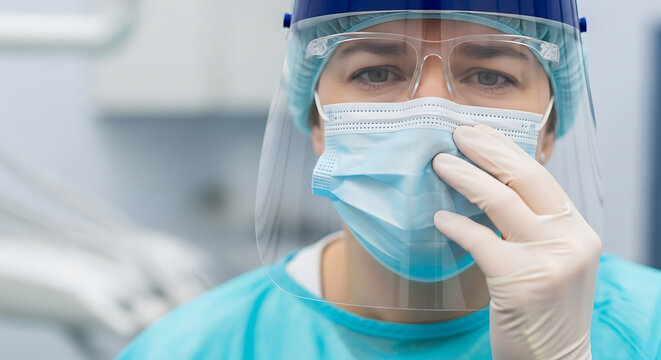 Medical professional in full PPE adjusts surgical mask and face shield, ensuring safety in a clinical setting.