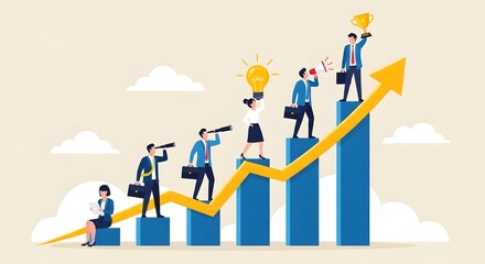 Business team climbing chart to achieve success and reach the top