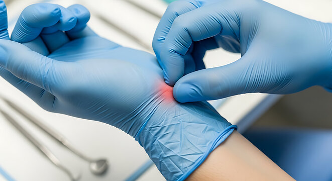 Gloved hand scratching irritated wrist with red spot, showing discomfort or allergic reaction to medical gloves