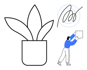 Abstract design. Abstract art with a potted plant, signature sketch, and a person moving a box. Abstract creativity in art, home decor, branding, and design projects. Perfect for modern