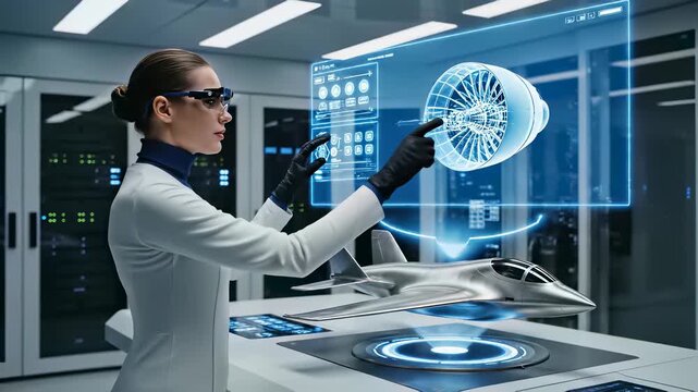 Engineer in futuristic setting designs innovative solutions, surrounded by cutting edge technology and sleek interfaces, perfect for commercial uses requiring forward thinking engineering and.