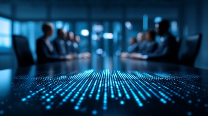 business event, blurred background, corporate meeting ,leadership, Presentation, Futuristic Executive Team in Strategic Digital Discussion with Blurred Office Background for Business Alignment