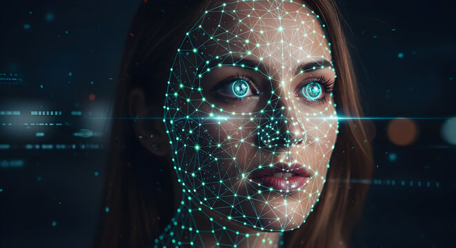 Modern Facial Recognition Network On Woman Face At Night Representing Digital Identity And Artificia 69387829 1