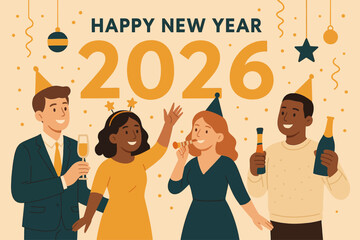 Happy new year celebration party people friends party hats champagne bottles confetti streamers stars ball vector illustration