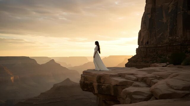 Woman in a white dress standing on a cliff ledge near a rock face at sunset