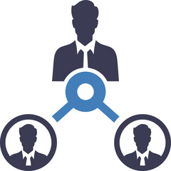 Human Resources Management Concept Depicting A Leader Connected To Two Subordinates With A Magnifying Glass Symbolizing Recruitment And Analysis In A Clean Blue And Dark Blue Color Scheme On A