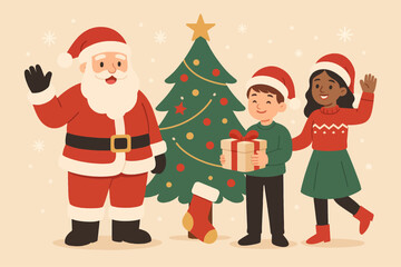 Santa christmas tree kids gift happy holiday season christmas greeting card celebration festive cheerful vector illustration