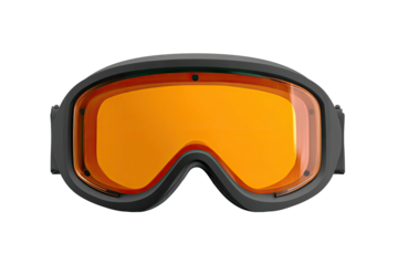 Ski goggles. Orange lens, black frame. Front view