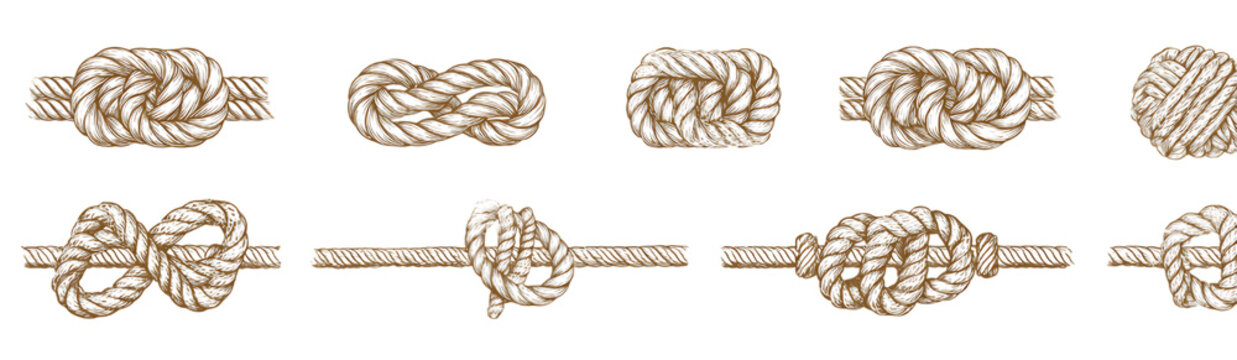 Marine Rope Knots Set Nautical Sailing Cordage Collection Vintage Engraved Style Design Elements.