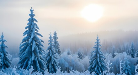 Snow-covered pine trees in a misty winter forest at sunrise