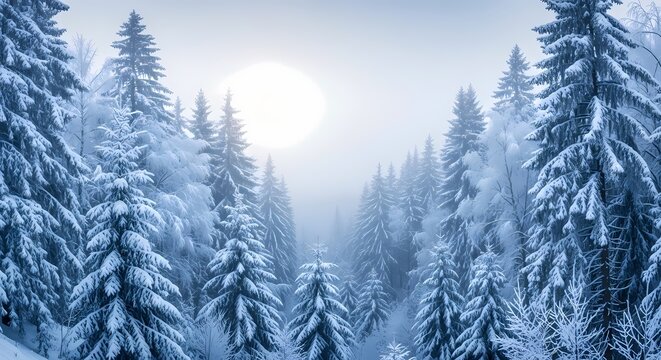 Snow-covered evergreen forest under a bright sun on a foggy winter morning