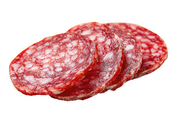Salami slices, overlapping, showing texture on a black background