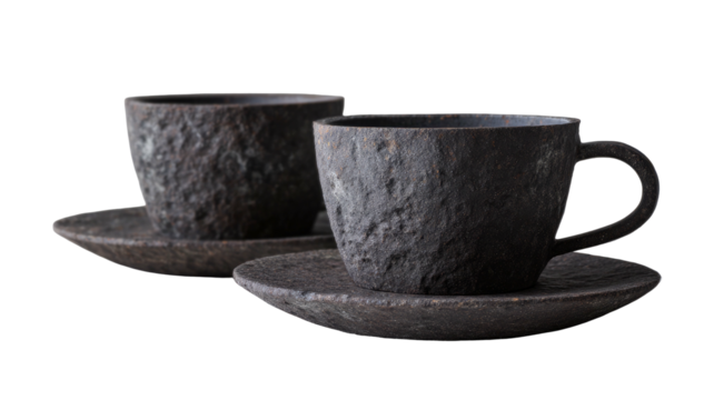 Two rustic textured cups and saucers, dark ceramic