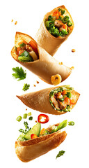 Stacked veggie spring rolls fried, golden, colorful filling