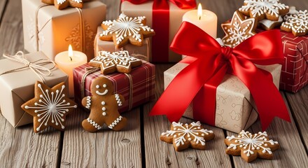 Christmas gifts wrapped in festive paper with gingerbread cookies and candles on a wooden table