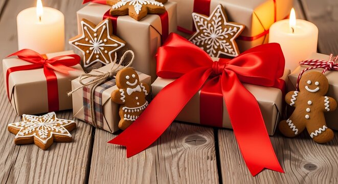Christmas gifts wrapped in brown paper with red ribbons, gingerbread cookies, and candles on a wooden table - Powered by Adobe