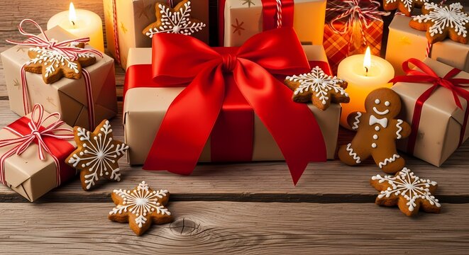 Christmas gifts wrapped in brown paper with red ribbons, gingerbread cookies, snowflake decorations, and lit candles on a wooden table.