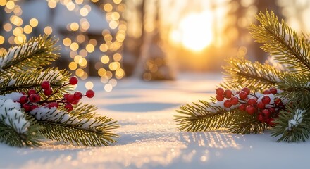 Snow-covered pine branches with red berries in a winter landscape at sunset