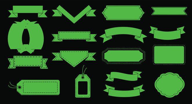 Collection of neon green ribbon banners and tags on a black background