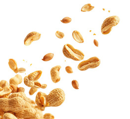 Flying peanuts, both shelled and unshelled, against black