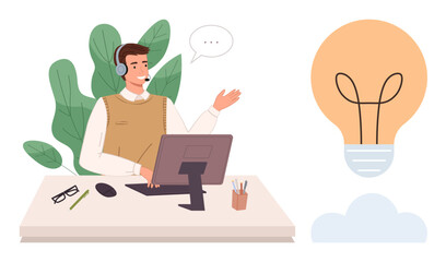 Man at desk in headset communicating, surrounded by greenery and a bulb representing ideas. Ideal for innovation, communication, online support, teamwork, brainstorming, outreach, remote