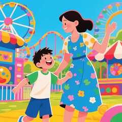 Fototapeta premium Time for Mother and Child Vacation at Wahana Illustrator Artwork Banner Background Design Template 