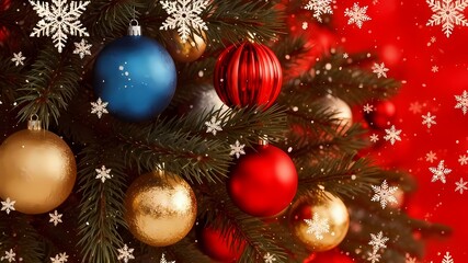 Close-up of a decorated Christmas tree with colorful ornaments and snowflakes on a red background