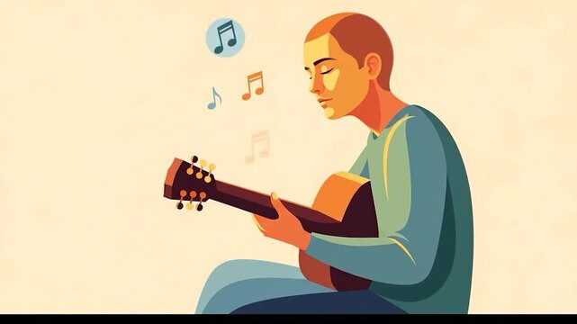 Man playing acoustic guitar with musical notes floating around him in a serene setting.