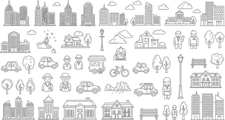 Line art illustration showcasing a variety of city and suburban elements in black and white style