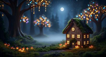 Obraz premium Miniature house with glowing windows and dreamy lights in background during night evoking cozy atmos 89719723 1