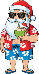 Cartoon Santa Claus on Summer Tropical Vacation