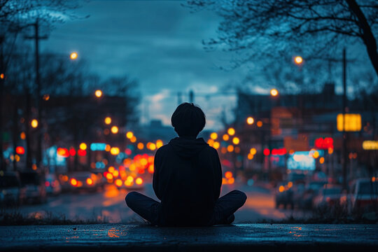 A contemplative figure sits alone on a curb, surrounded by a softly glowing cityscape at dusk, evoking a sense of solitude and reflection.