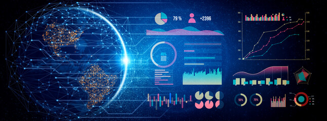 This captivating digital artwork showcases data visualization trends, featuring charts and graphs on a globe, representing global analytics and insights in technology. Impute