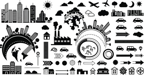 Black and white cityscape elements featuring buildings cars and globes in a vector illustration
