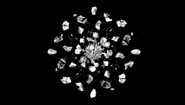 White shattered fragments exploding outwards from a central point on a dark background