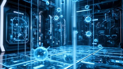 Futuristic medical laboratory environment with floating virus particles rendering 3D - Powered by Adobe