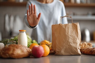 Person's hand in stop gesture, rejecting food on kitchen counter for healthier diet