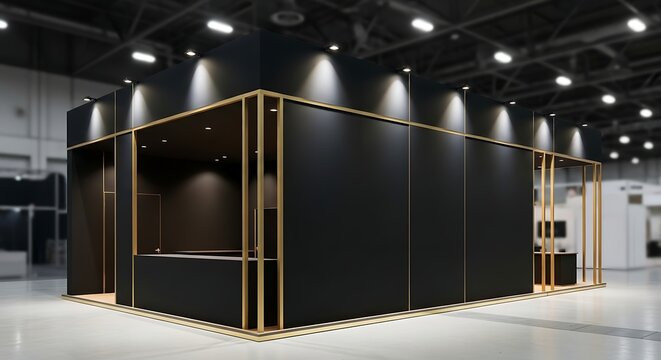 Elegant Black Exhibition Stand with Gold Accents in Modern Hall.
