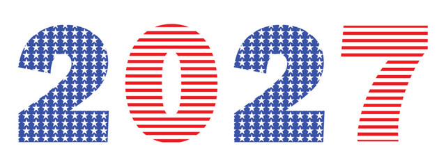 patriotic 2027 text icon in american flag style, featuring stars and stripes design. usa independence day celebration number typography for 4th of july, election, or national holiday themes.