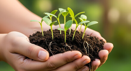 Hands holding fertile soil with green seedlings growing symbolizing ecology protection and sustainab 21632427 1