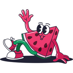 Retro Style Cartoon Slice of Watermelon Character Dancing and Waving Hand on Transparent Background
