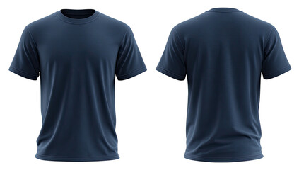 Dark blue t-shirt front and back views. Cutout on black