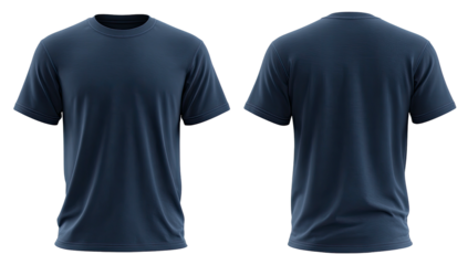 Dark blue t-shirt front and back views. Cutout on black